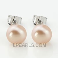 925 silver stud earrings with 7-7.5mm pink button pearls
